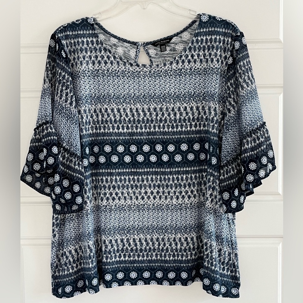 Lucky Brand Peasant Top Womens Size 1X Blue White Boho Sheer Bell Sleeves